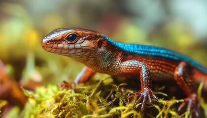 Fototapeta premium A vibrant lizard with blue and orange markings resting on moss.