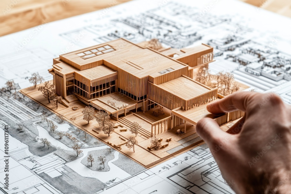 Poster a detailed architectural model on blueprints, showcasing design and planning.