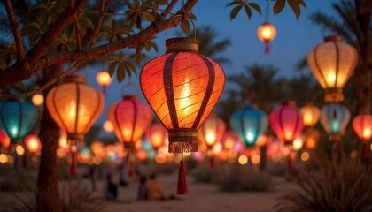 Colorful Lanterns Suspended in Dusky Desert