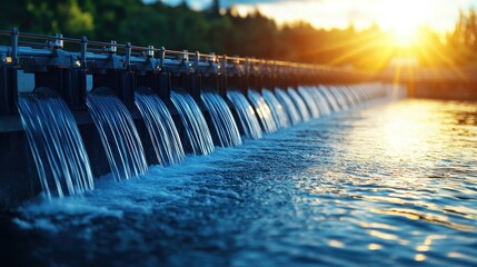 Fototapeta premium green energy hydropower energy storage Concept. A serene image of flowing water over a dam at sunset, capturing the tranquil beauty of nature and the interplay of light on the water's surface.