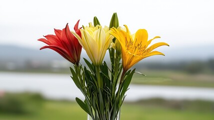 Vibrant lily bouquet serene lake view nature photography tranquil environment close-up perspective floral beauty
