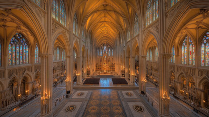 Fototapeta premium A Breathtaking View Of A Vast, Expansive Cathedral With High Vaulted Ceilings, Stained Glass Windows, And Ornate Decorations, Showcasing The Grandeur Of Religious Architecture