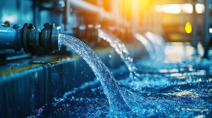 green energy  hydropower  energy storage Concept. A close-up view of flowing water from industrial pipes, illuminated by warm sunlight, highlighting the dynamic movement and clarity of the water.