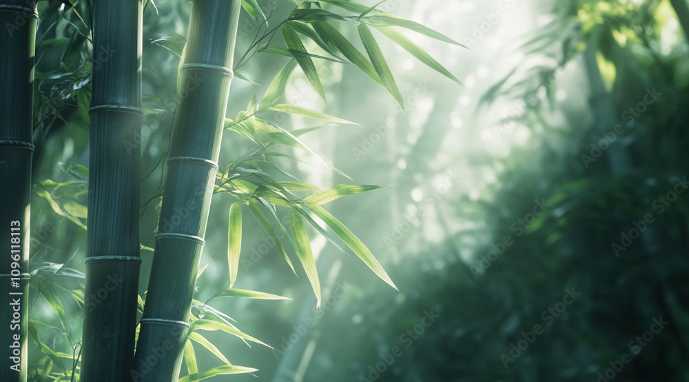 Aufkleber Lush bamboo forest illuminated by soft sunlight in a tranquil setting