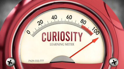 Curiosity and Learning Meter that is hitting a full scale, showing a very high level of curiosity, overload of it, too much of it. Maximum value, off the charts.  ,3d illustration