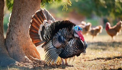 A turkey wearing sunglasses "hiding" behind a tree as a family prepares for Thanksgiving dinner, symbolizing humor and holiday fun
