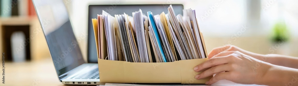 Poster a person organizing documents next to a laptop, emphasizing productivity and office work.