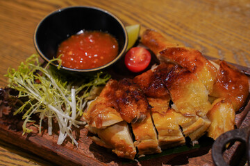 grilled chicken on plate, thai food.
