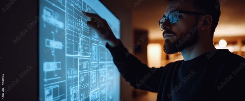 Poster a person interacting with a digital display of technical drawings or blueprints.