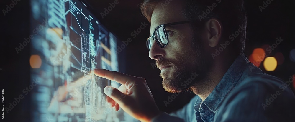 Poster A focused individual interacts with a digital interface, analyzing data and technology.