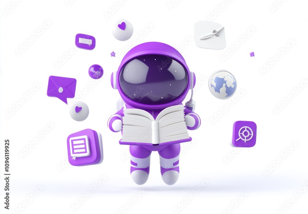 Poster a purple astronaut holding an open book, surrounded by various icons representing knowledge and comm