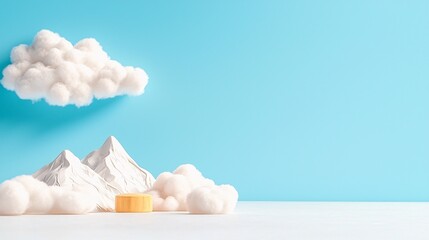 Obraz premium A whimsical scene featuring fluffy clouds and snowy mountains against a bright blue background, creating a playful and serene landscape.