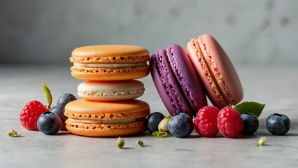 Vibrant macarons surrounded by fresh fruits like raspberries and blueberries, complemented by orange blossoms and vanilla orchids. set against a minimalist background that highlights the colors 