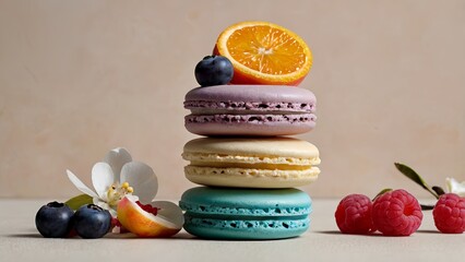 Vibrant macarons surrounded by fresh fruits like raspberries and blueberries, complemented by orange blossoms and vanilla orchids. set against a minimalist background that highlights the colors 