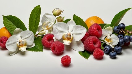 An artistic composition of fresh fruits such as raspberries, blueberries, oranges, and apples, adorned with orange blossoms and apple blossoms. The bright and minimalist arrangement