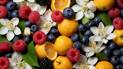An artistic composition of fresh fruits such as raspberries, blueberries, oranges, and apples, adorned with orange blossoms and apple blossoms. The bright and minimalist arrangement