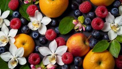 An artistic composition of fresh fruits such as raspberries, blueberries, oranges, and apples, adorned with orange blossoms and apple blossoms. The bright and minimalist arrangement