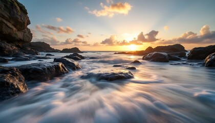 Obraz premium Stunning ocean sunset with golden sunlight sparkling on the water, perfect for travel, relaxation, and inspirational themes, capture the beauty of nature