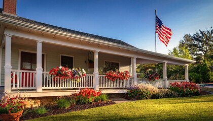 The American flag hanging from a porch, surrounded by a manicured lawn and flower beds, symbolizing patriotism and suburban charm