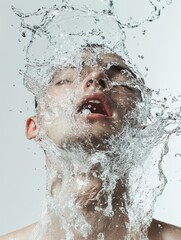 Dynamic capture of water being splashed over face, high-energy scene, crisp studio lighting, white minimalist background