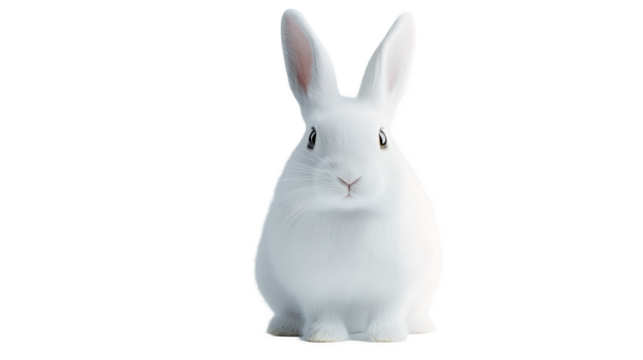 Fluffy white rabbit with long ears and a twitching nose isolated on a transparent background, PNG