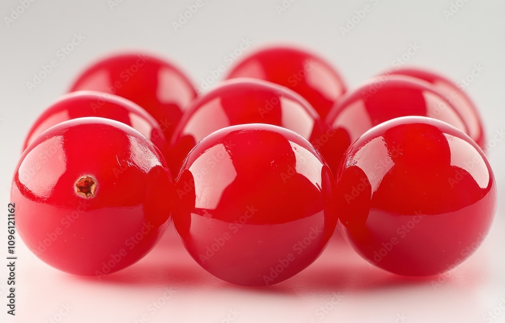 Poster A close-up of shiny red beads arranged in a row, showcasing their glossy surface.