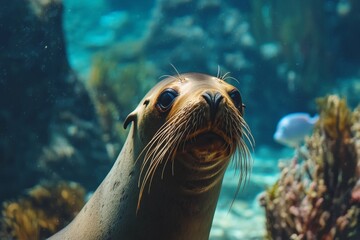 Fototapeta premium Underwater photography of an Australian sea lion looking at the camera, with beautiful clear water, fish, and a coral reef, and sunlight rays.