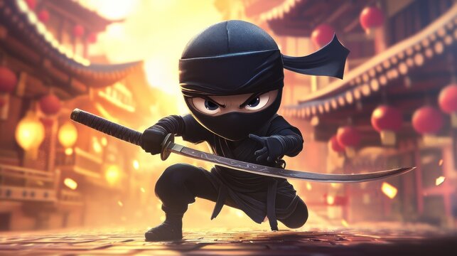 Mini Ninja Warrior: A fierce cartoon ninja ready to attack, embodying stealth and determination in dynamic digital illustration