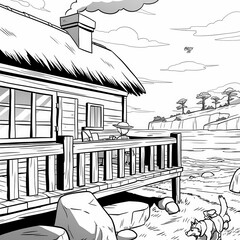 A whimsical landscape with floating islands and buildings, anime coloring page for kids, simple outline illustration. Coloring book, simple lines.