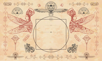 Ancient Egypt background. sacred eagle. Cover page template. Medieval manuscripts. Egyptian frame template. Travel and History art. Old paper vector