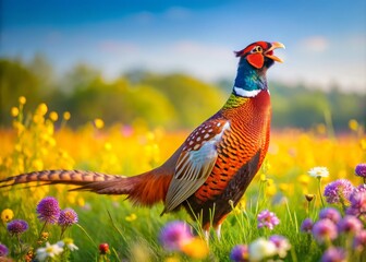 Fototapeta premium Male Pheasant Calling in Springtime: Capturing the Vibrant Colors and Natural Habitat of a Male Pheasant as He Calls, Surrounded by Fresh Spring Blooms and Lush Greenery in a Serene Setting