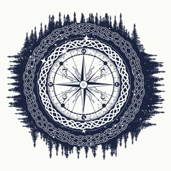 Compass and forest. Esoteric tattoo and t-shirt design. Outdoors art. Symbol of tourism, travel. Magical harmony with nature