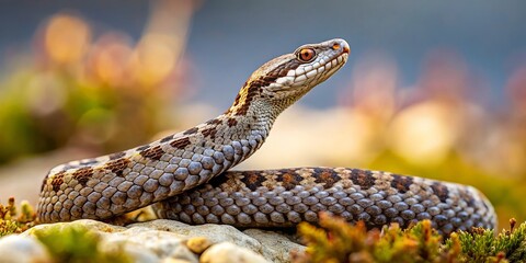 Naklejka premium Male Long-nosed Viper (Vipera ammodytes) in Natural Habitat of Croatia, Captured in Left Position with Ample Copy Space for Text Overlay or Annotations
