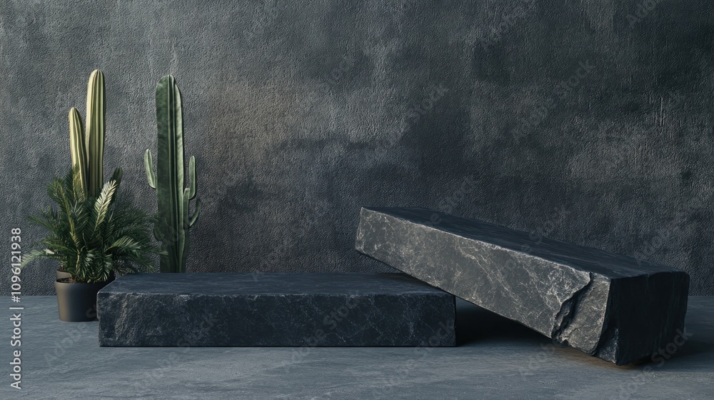 Poster A minimalist setting featuring dark stone blocks and potted cacti against a textured backdrop.