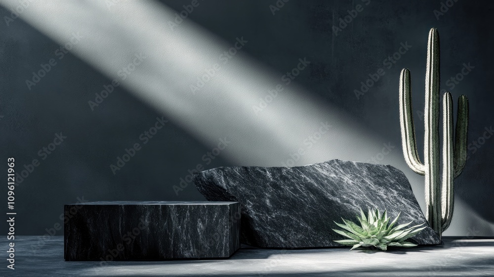 Poster A minimalist arrangement featuring rocks and a cactus illuminated by soft light.