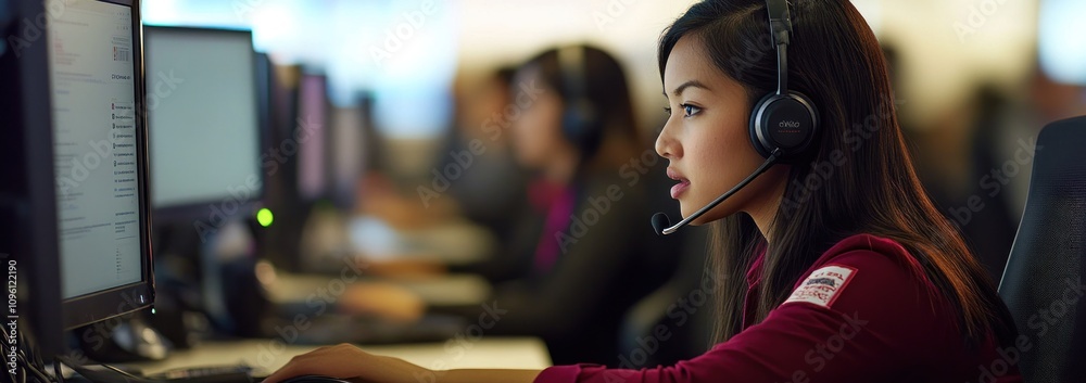 Poster a woman works at a call center, using a headset and computer in a busy office environment.