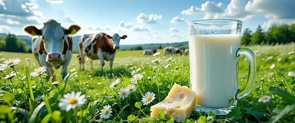Freshly milked organic natural farm bio glass jag of milk with cheese in green grass field