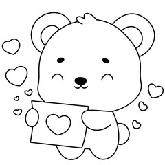 valentine baby bear giving a card with hearts cute love doodle illustration