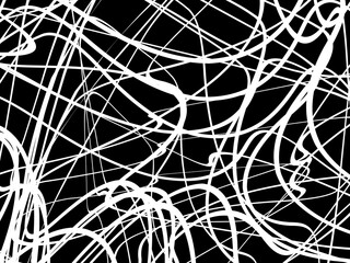 White tangled thread background. Circular abstract pen stroke vector illustration, on black background. Tangled scribbles hand drawn doodles. Vector illustration isolated on black background.