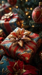 Close-up of Xmas gift near Christmas tree