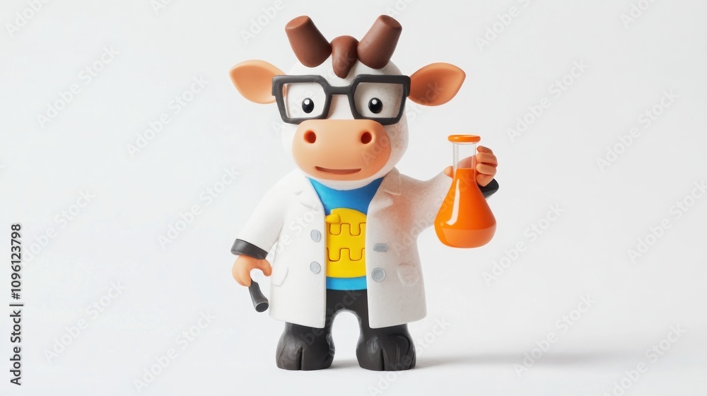 Poster a cartoon cow character in a lab coat holding a flask, representing science and experimentation.