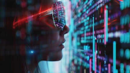 Cyberpunk explorer with neon-lit glasses interfaces with a futuristic cityscape, merging the human with the digital realm.