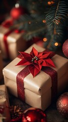 Close-up of Xmas gift near Christmas tree