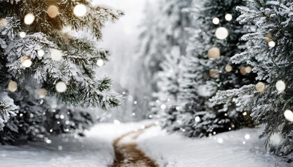 Enchanting New Yearâ€™s white winter background featuring serene snow-covered fir trees in a tranquil forest setting, evoking a magical seasonal charm with peaceful natural beauty.