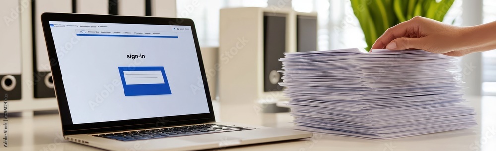 Poster A laptop displaying a login screen next to a stack of papers on a desk.