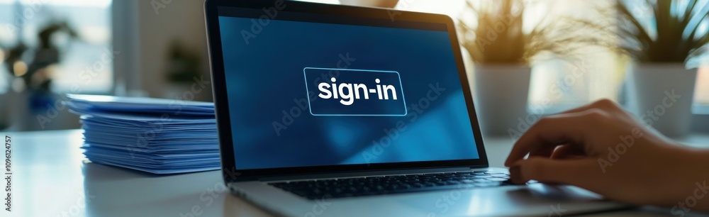 Poster a hand reaching for a laptop screen displaying a sign-in prompt.