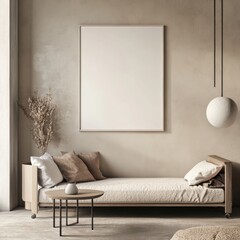 Minimalist interior featuring a daybed, neutral tones, and decorative elements.