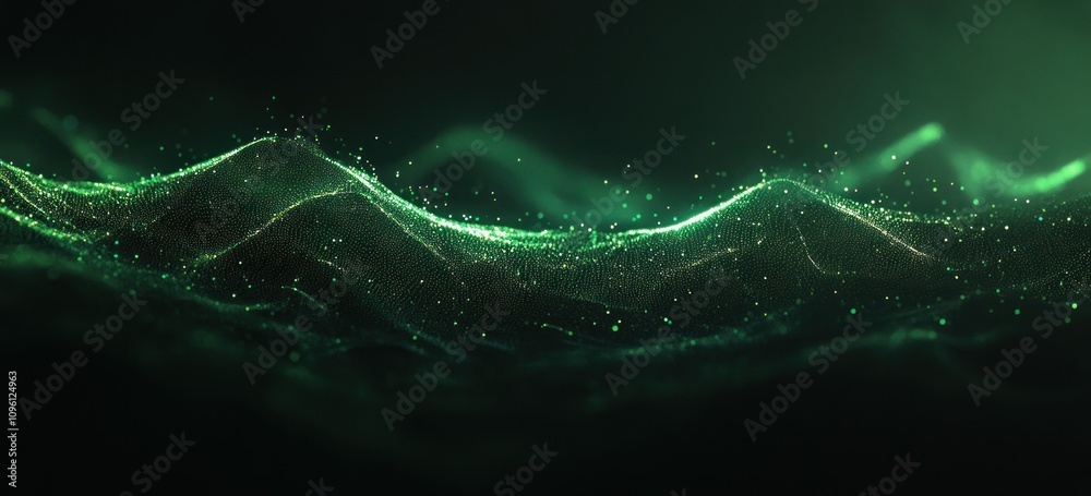 Poster Abstract representation of flowing waves with glowing particles in a dark background.
