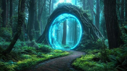 Obraz premium Majestic Forest Landscape with Tall Trees, Lush Greenery, and Mysterious Archway Illuminated by Soft Blue Light