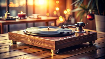Fototapeta premium Modern Record Player Spinning Vinyl on a Rustic Wood Table with Tilt-Shift Effect for a Unique Perspective of Music and Nostalgia in a Contemporary Setting